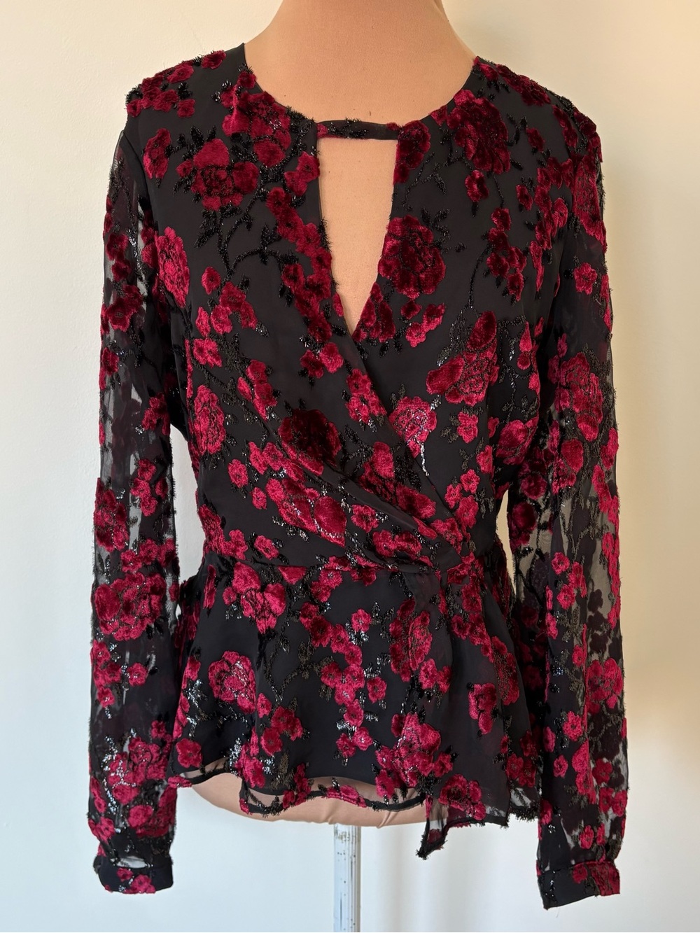 Parker Dark Romance Velvet Burnout Black Red Goth Glam Long Sleeve Blouse NWT S